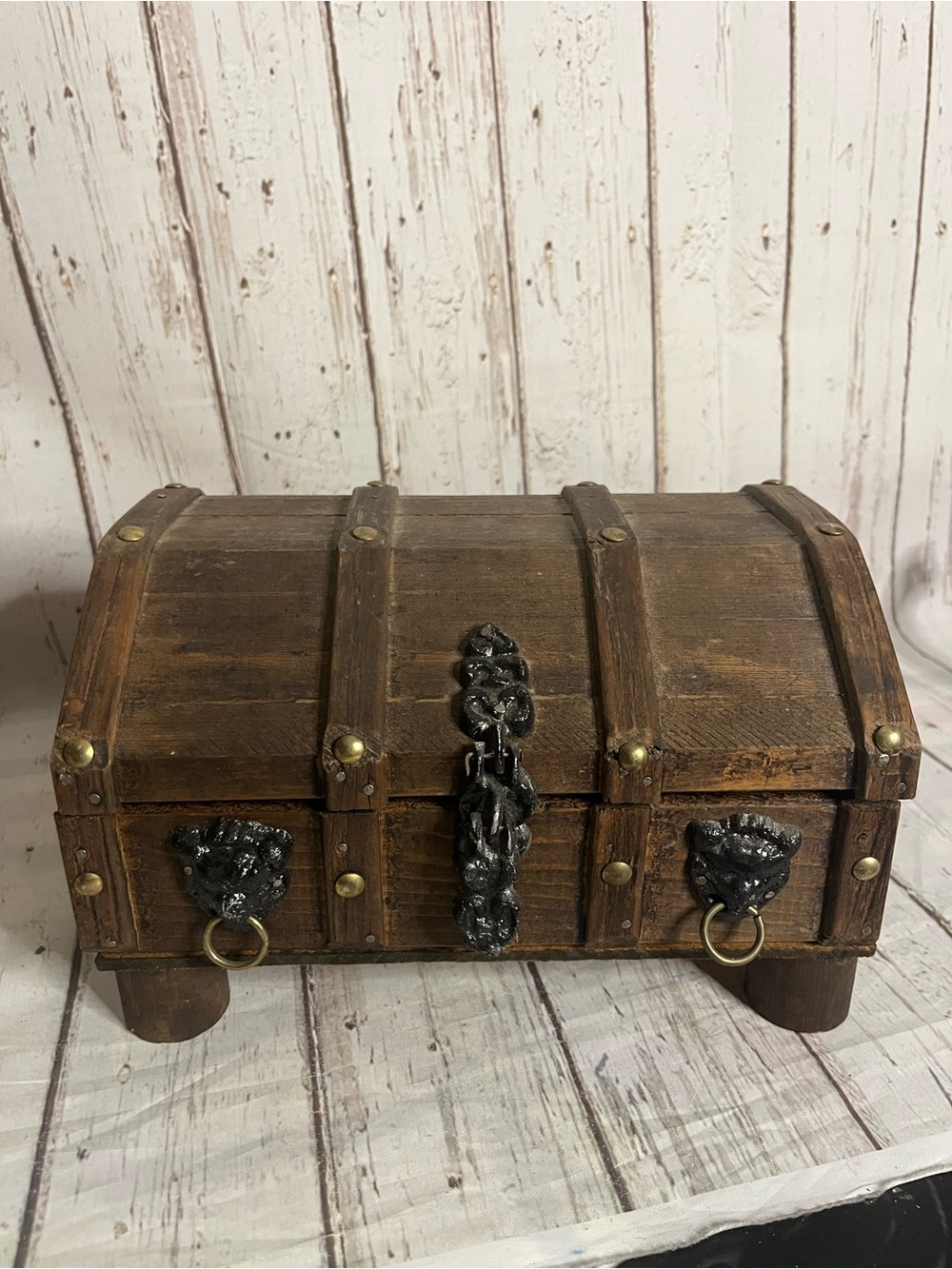 Vintage Small Treasure Chest Wooden Jewelry Box with Lions Velvet Lined